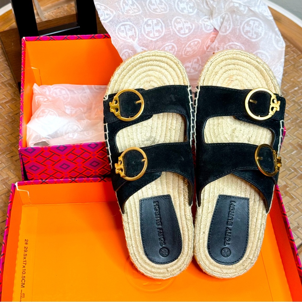 Tory Burch Selby Two-Band Espadrille Slides - Size 6 - Perfect Black